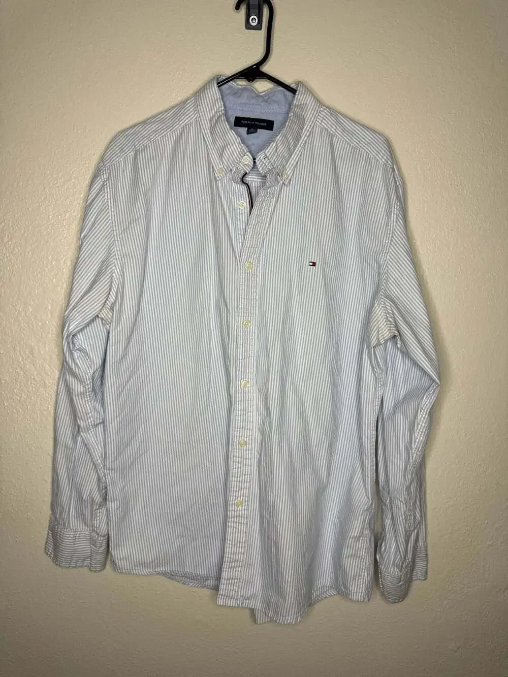 Tommy Hilfiger Men's Light Blue and White Striped Long Sleeve Button-